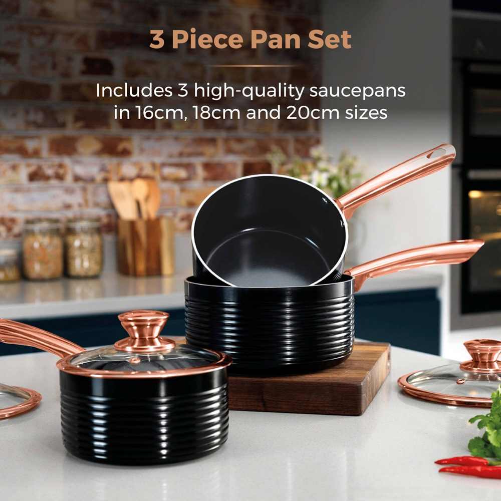 Tower Linear 3 Piece Black and Rose Gold Aluminium Non-Stick Saucepan Set Image 3