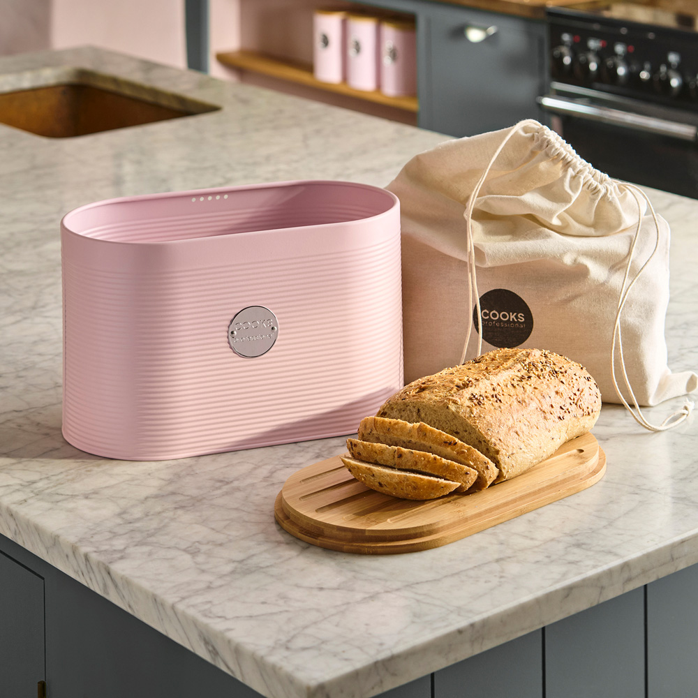 Cooks Professional Pink and Silver Ribbed Bread Bin with Linen Bag and Bamboo Lid Image 2