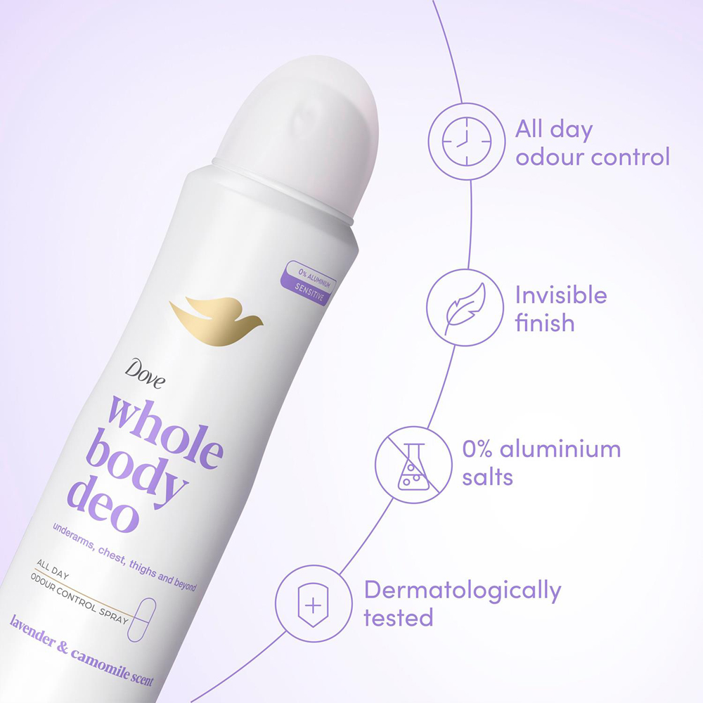 Dove Whole Body Lavender and Camomile Odour Protection Deodorant Spray 150ml 6 Pack Image 6