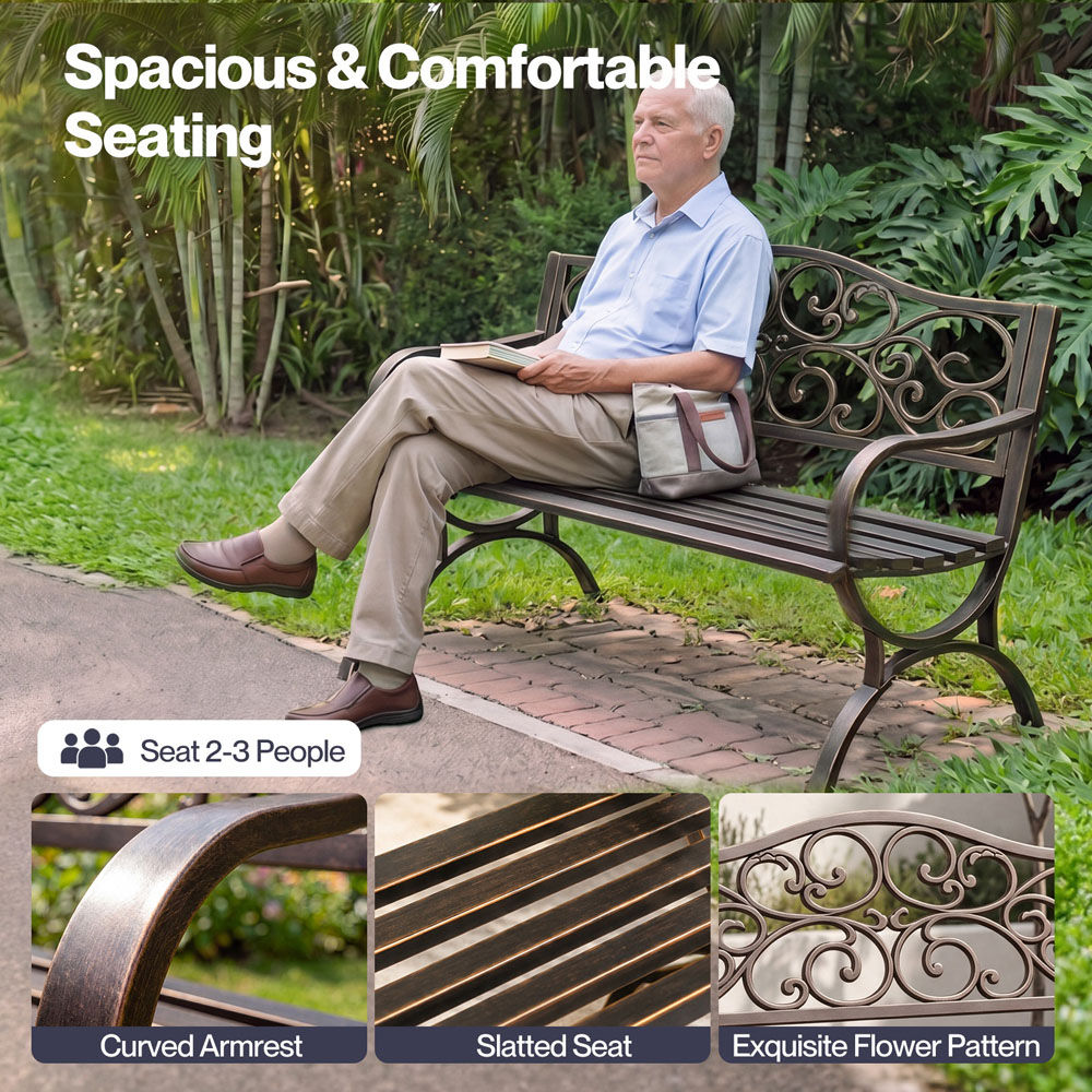 Levede 2-3 Seater Bronze Floral Metal Garden Bench Image 6