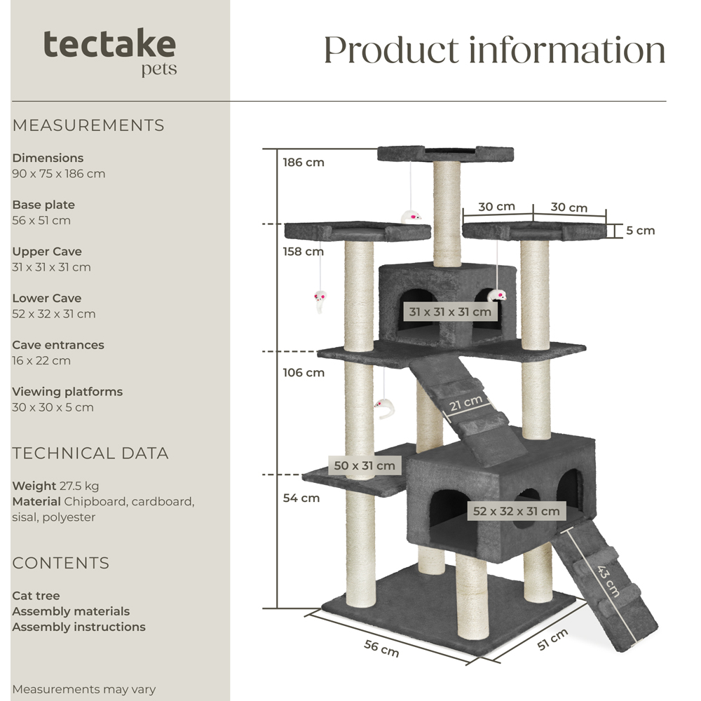 tectake Knuti Anthracite Cat Tree with Scratching Post 186cm Image 9