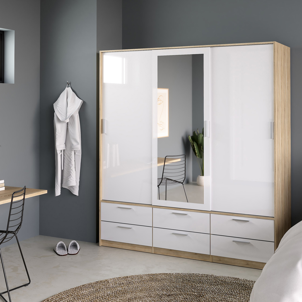 Florence Line 3 Door 6 Drawer Oak and White High Gloss Wardrobe Image 5