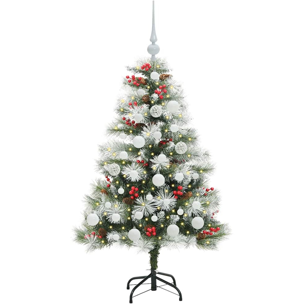 vidaXL Pre-Lit White Baubles Green Artificial Snow Flocked Christmas Tree 4ft Image 1