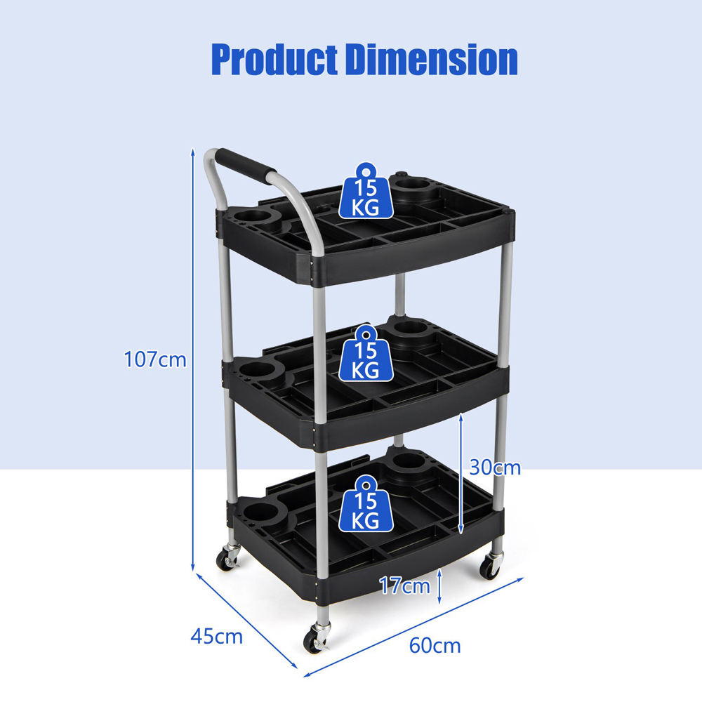 Costway 3 Shelf Black Utility Cart Image 9
