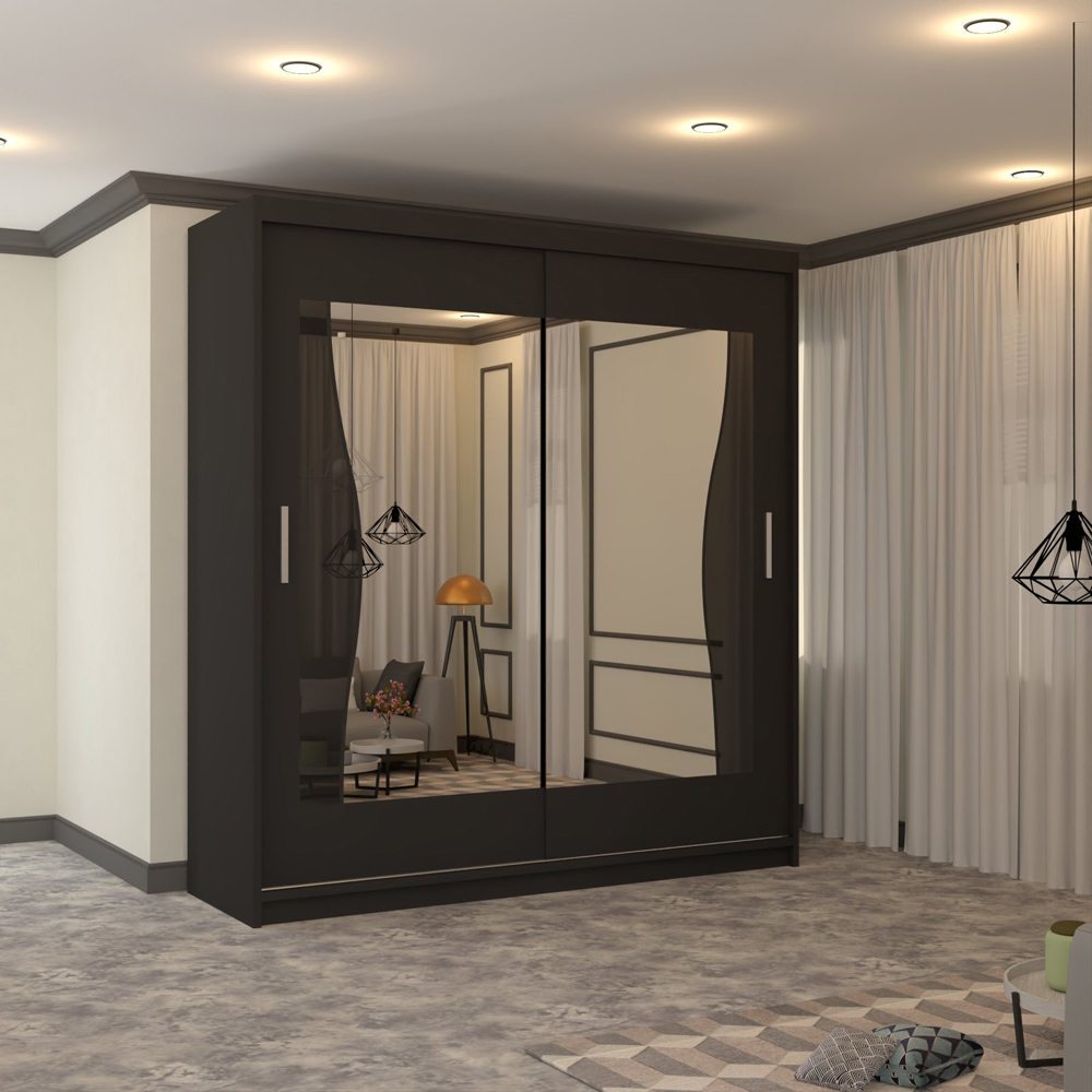 M N Furniture Banton 2 Door Black Curved Mirrored Sliding Wardrobe 203cm Image 5