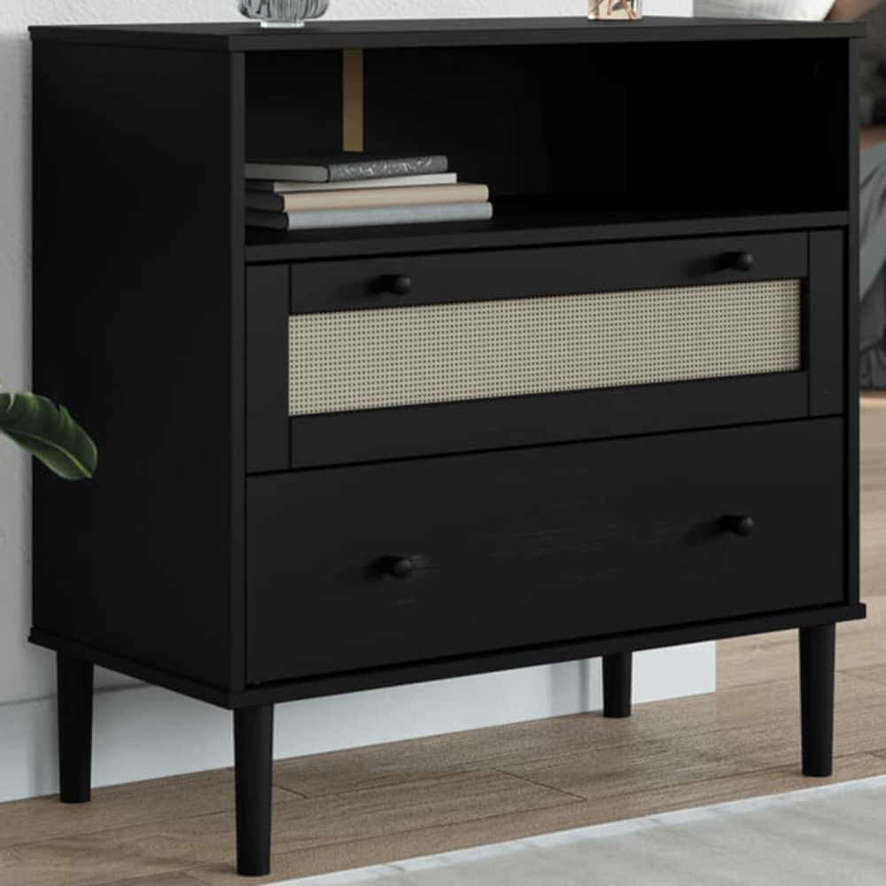 vidaXL 2 Drawer Single Shelf Black Rattan Look Wooden Sideboard Image 1