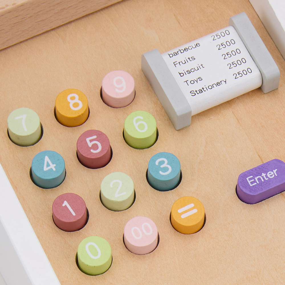 H&O Direct Kids Wooden Cash Register Toy Pretend Play Set with Money Scanner and Card Machine Image 5