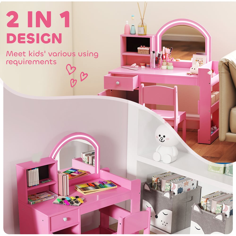 AIYAPLAY 2 Piece Pink LED Mirror Kids Dressing Table and Stool Set Image 8