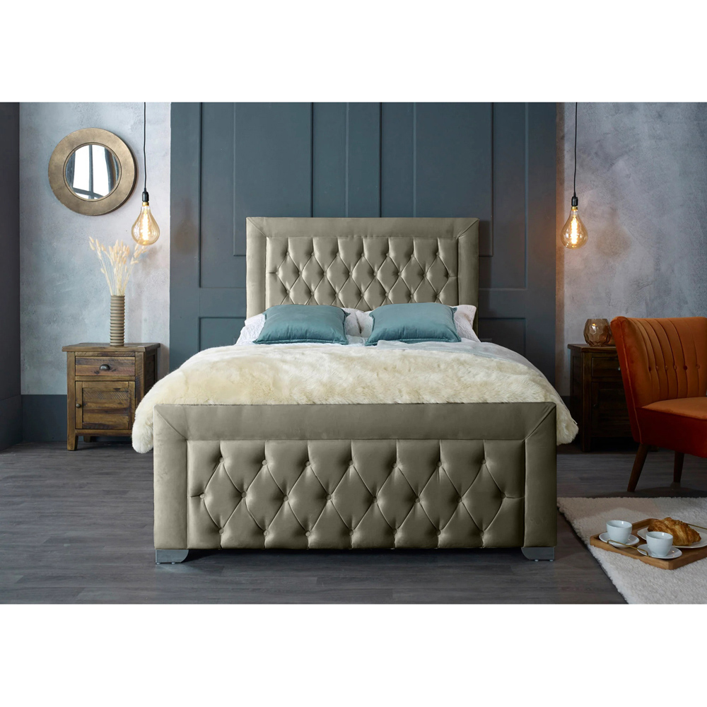 Eleganza Home Gelson Double Grey Plush Velvet Bed Frame with Chesterfield Headboard Image 3
