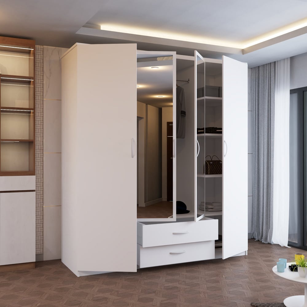 Sliding Wardrobes 4U London 4 Door 2 Drawer White Hinged Central Mirrored Wardrobe Image 3