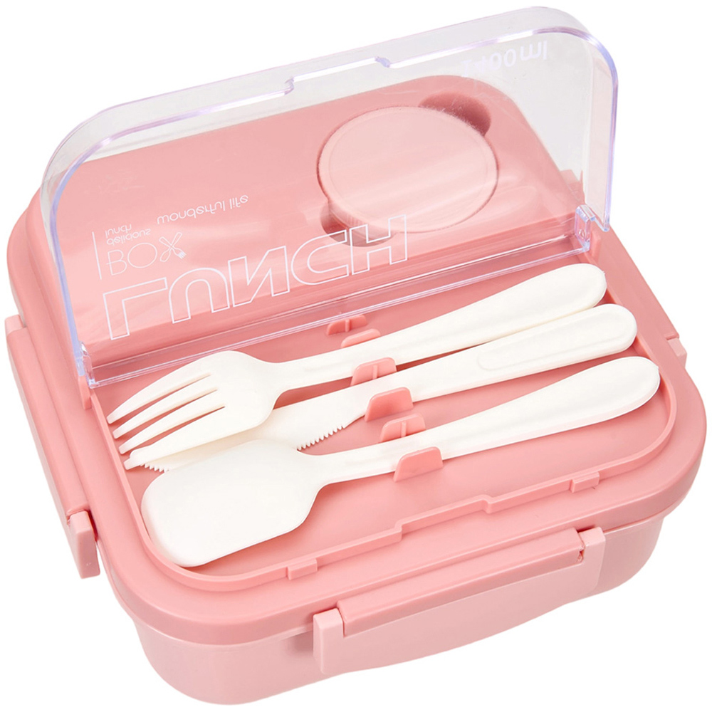 Living and Home 1.4L Pink Lunch Box with Cutlery Set Image 2