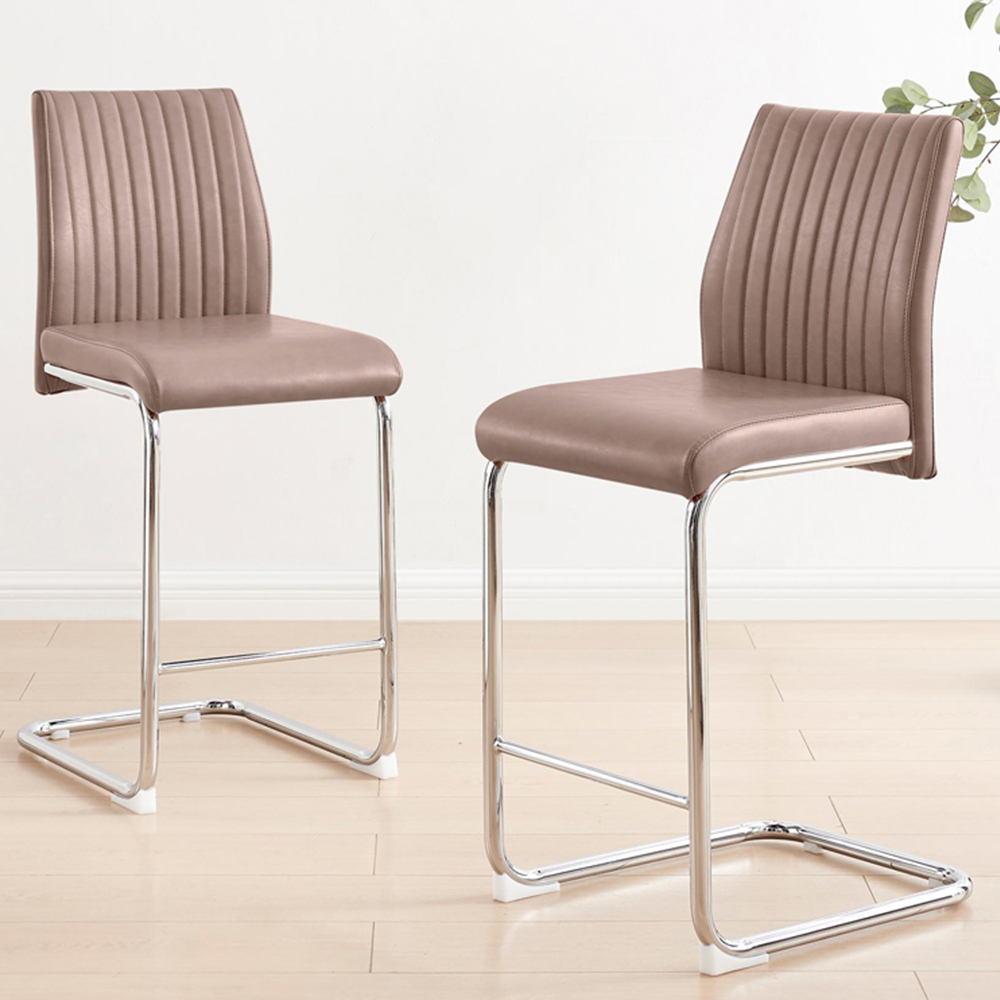 Furniturebox Fontana Cappuccino Beige and Silver Faux Leather Bar Chair Set of 2 Image 1