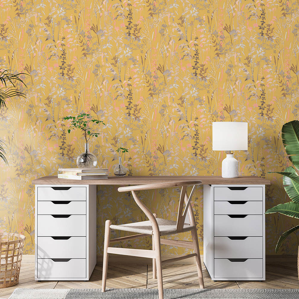 Erismann Meadow Floral Leaves Yellow Wallpaper Image 3