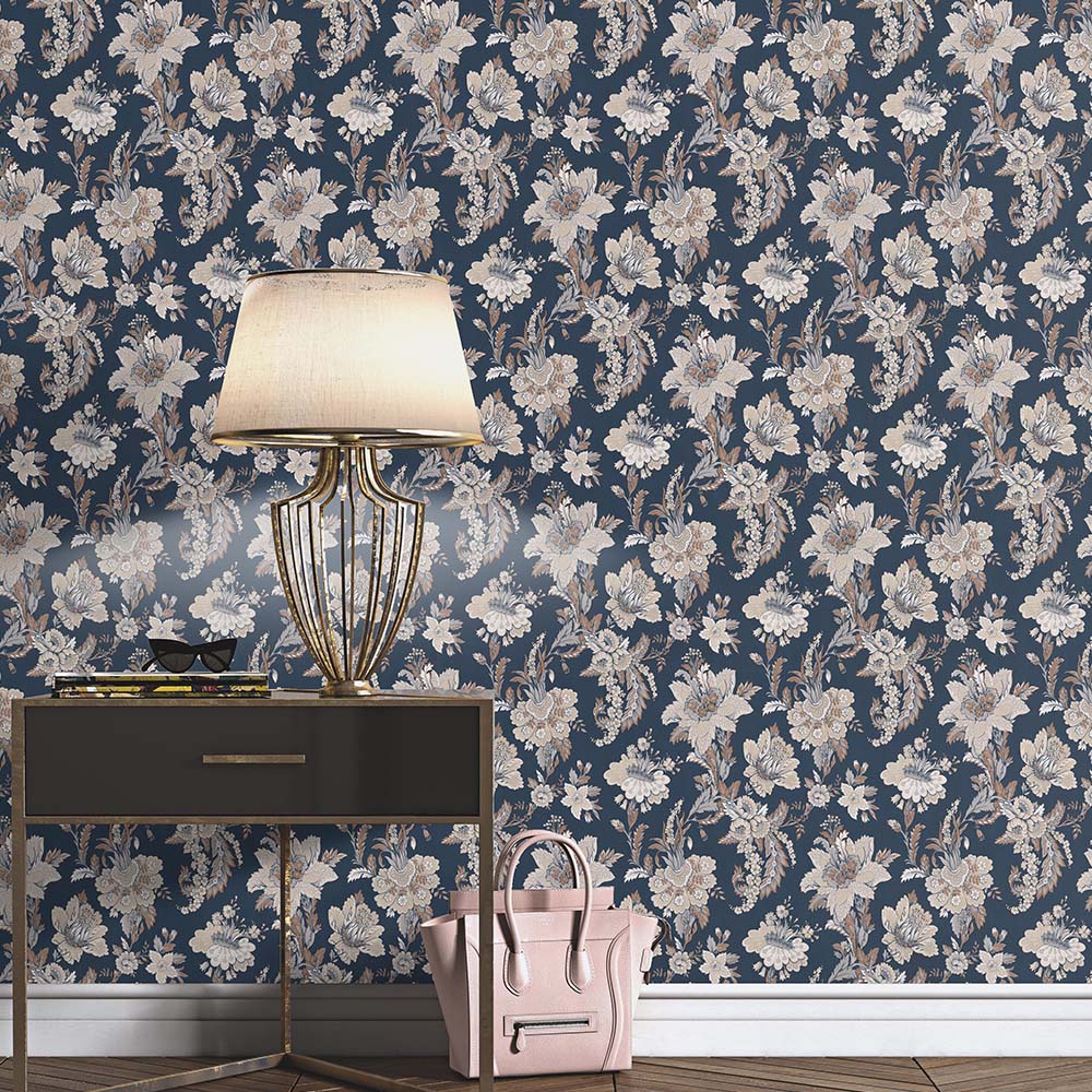 Erismann Heritage Edward Floral Navy Wallpaper Image 3