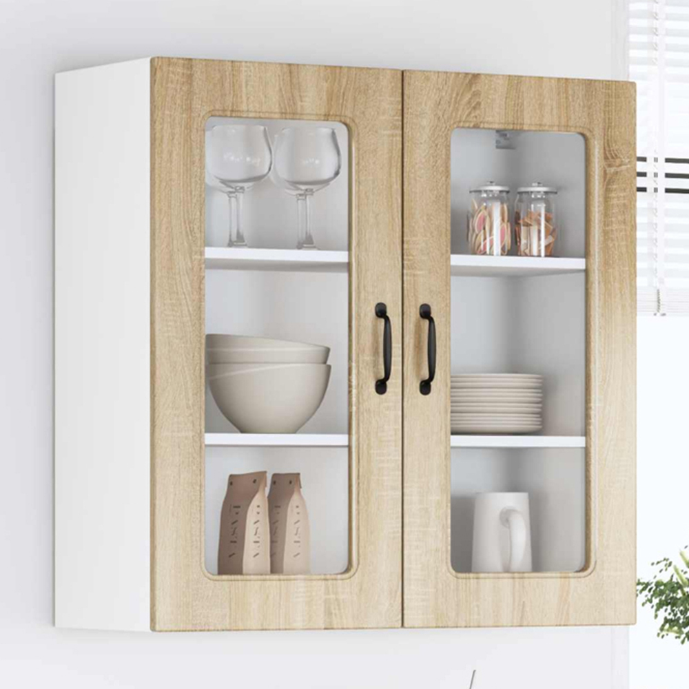 vidaXL 2 Glass Door Smoked Oak Kitchen Wall Cabinet Image 1