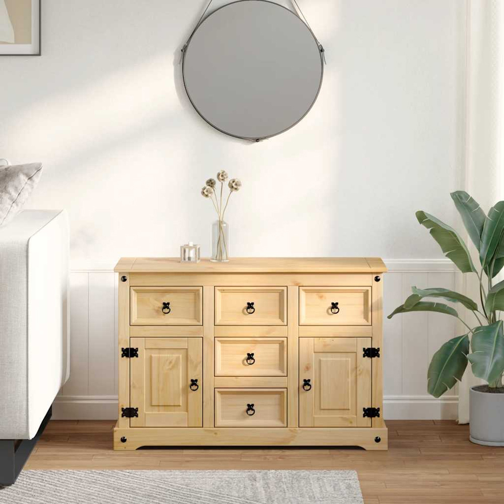 vidaXL Corona 2 Door 5 Drawer Solid Pine Wood Sideboard Image 8