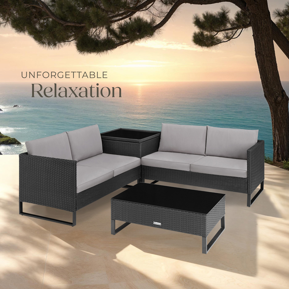tectake Ostuni 4 Seater Black Rattan Garden Lounge Set with Storage Box Image 8