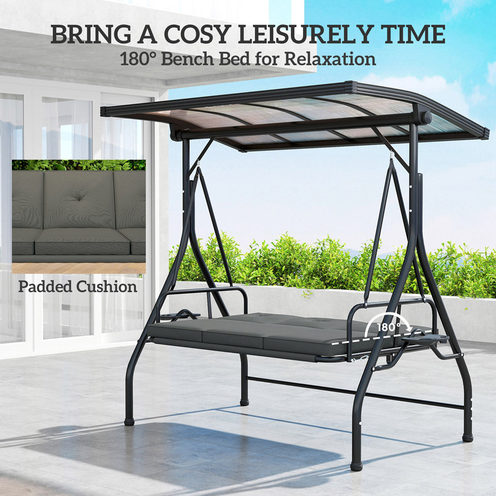Outsunny 3 Seater Dark Grey Adjustable Canopy Convertible Garden Swing Bed Image 6