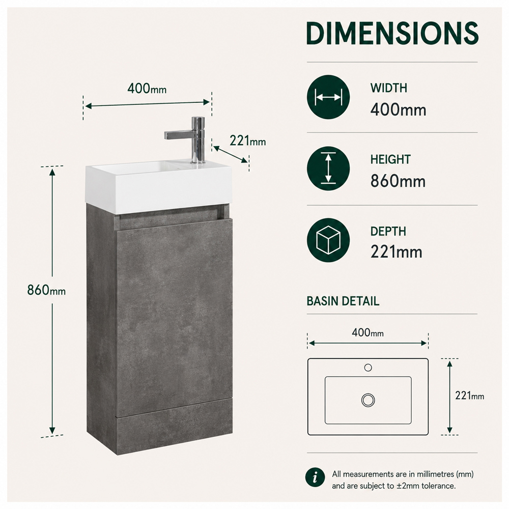 Go Bathrooms Concrete Compact Floor Standing Cloakroom Vanity Unit 390mm Image 8