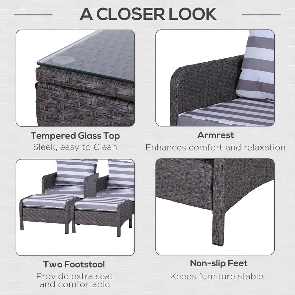 Outsunny 2 Seater Dark Grey Striped Rattan Lounge Set with Footstools Image 6