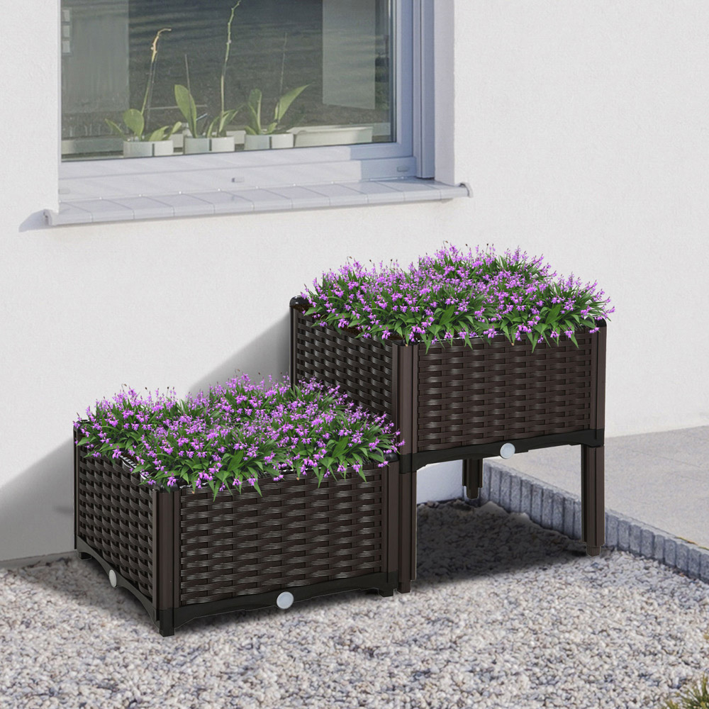 Outsunny Brown PP Raised Bed Garden Box Planter Set of 2 Image 2