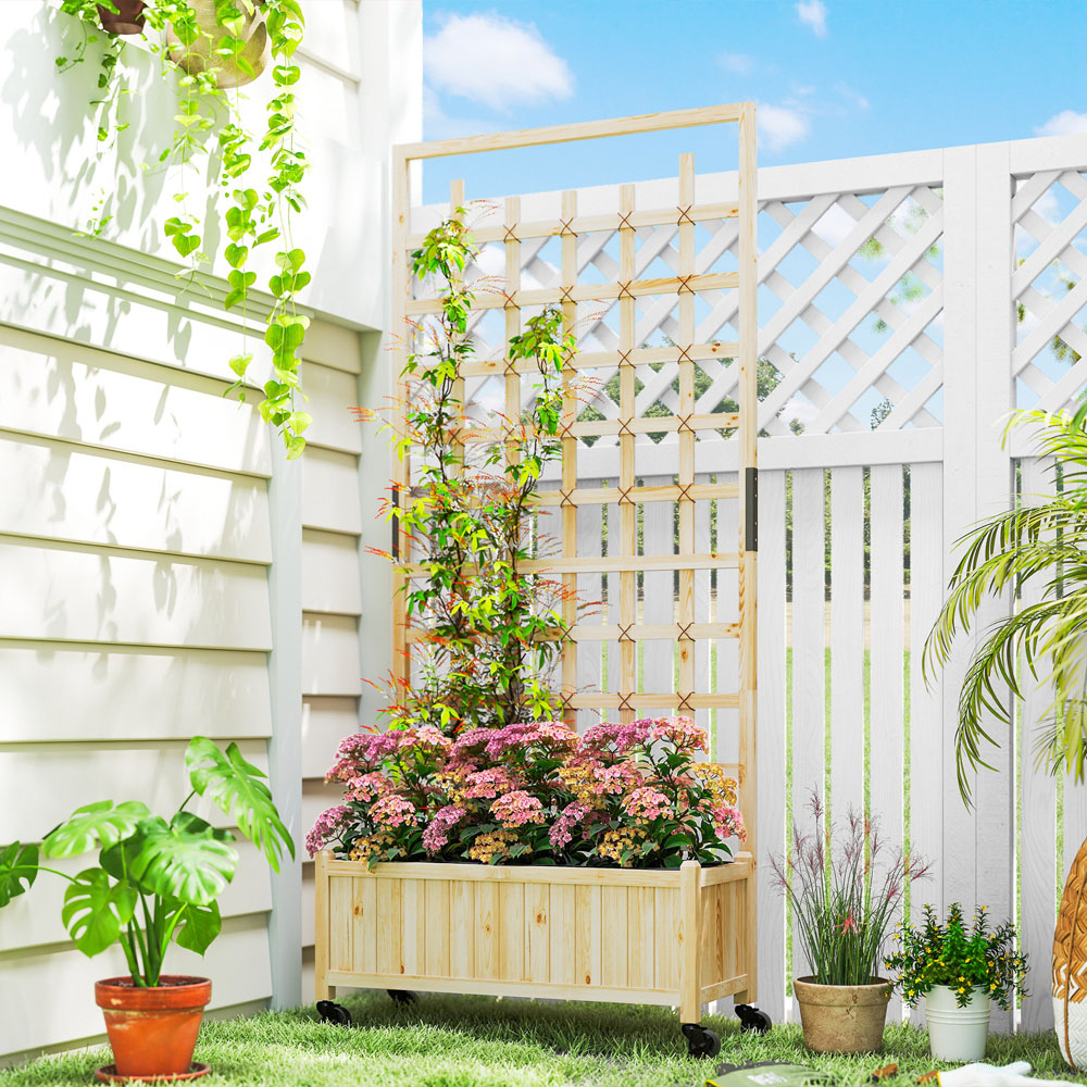 Outsunny Wooden Raised Garden Bed Planter with Trellis and Wheels 186 x 35 x 82.5cm Image 2