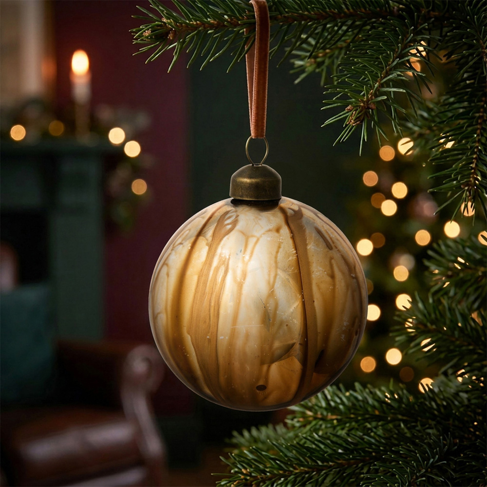 Decadent Bronze White and Gold Marbled Bauble Single Ornament Image 2