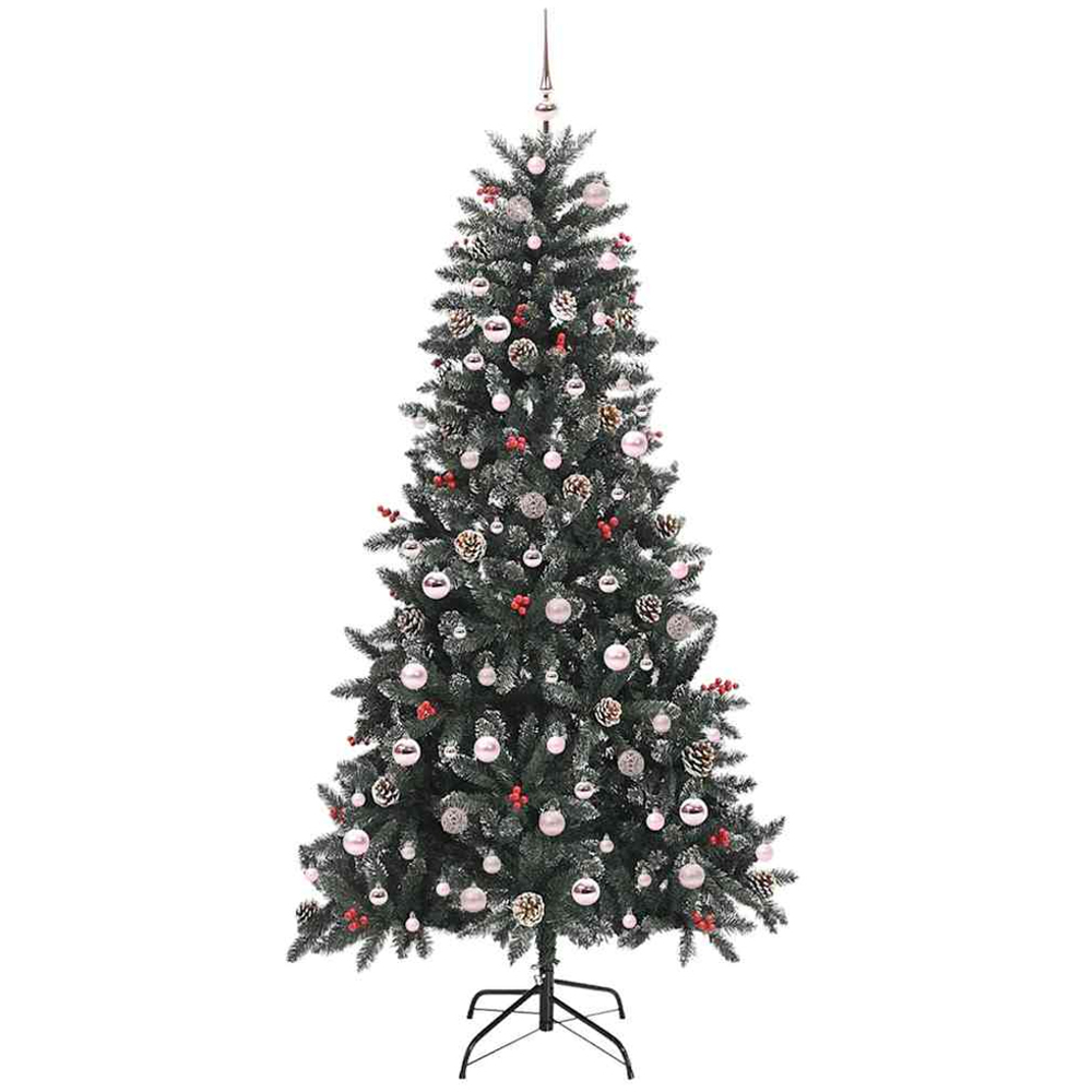vidaXL Pre-Lit Pink Baubles and Pinecones Green Artificial Snow Tipped Christmas Tree 7ft Image 4