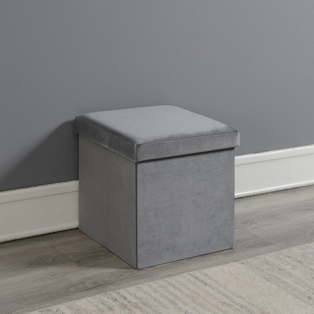 Grey Brushed Velvet Cube Ottoman Storage Box Image 3