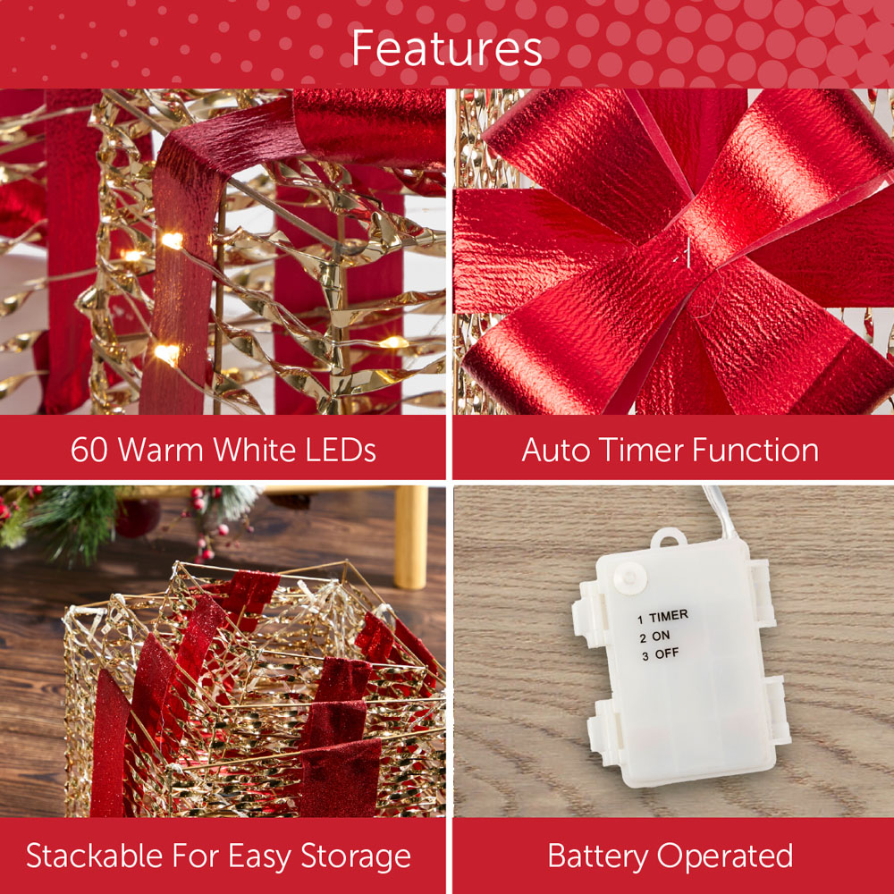 The Christmas Workshop 60 Warm White LED Gold and Red Gift Box Decoration Set of 3 Image 7