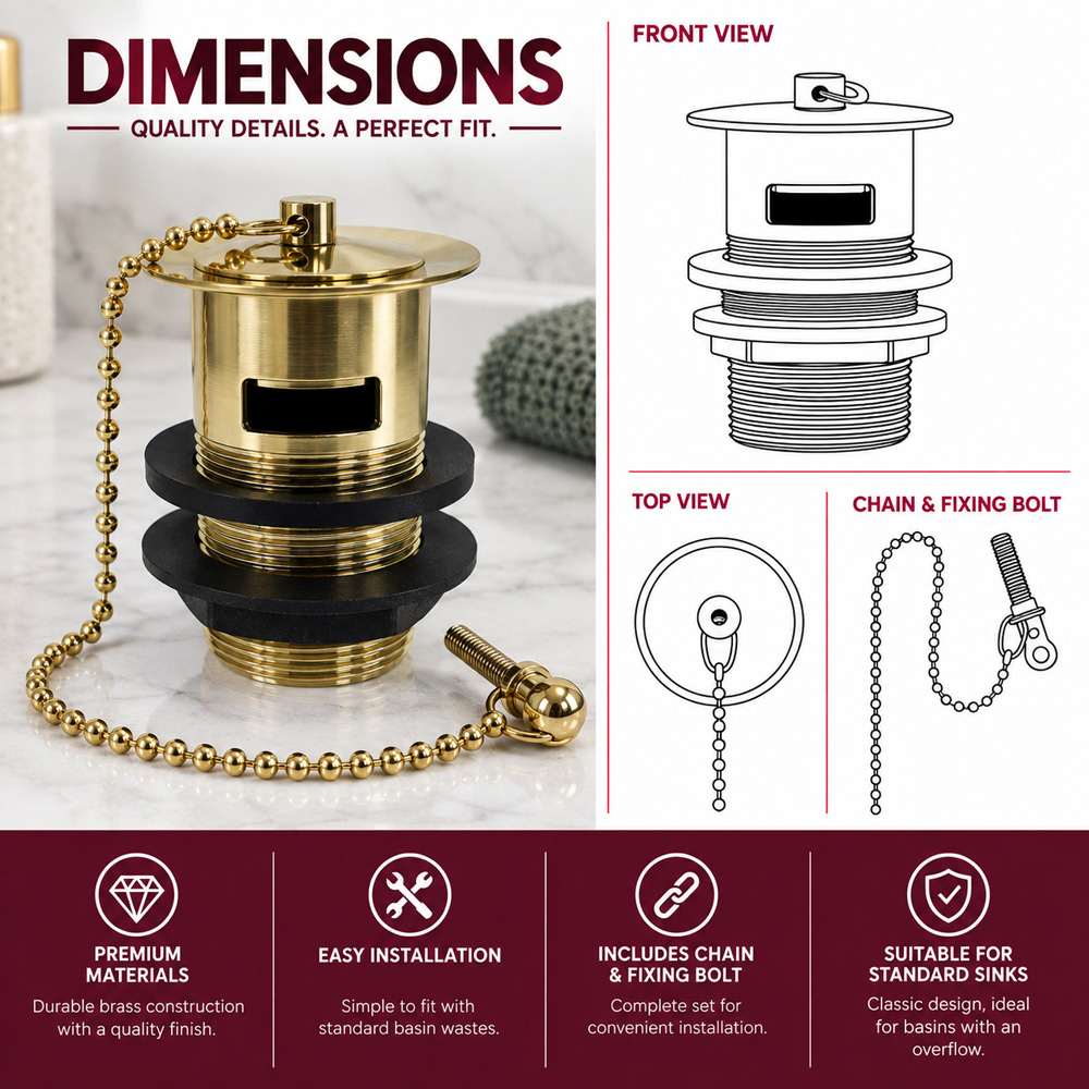 Go Bathrooms Brushed Gold Slotted Basin Waste with Plug and Chain Image 4