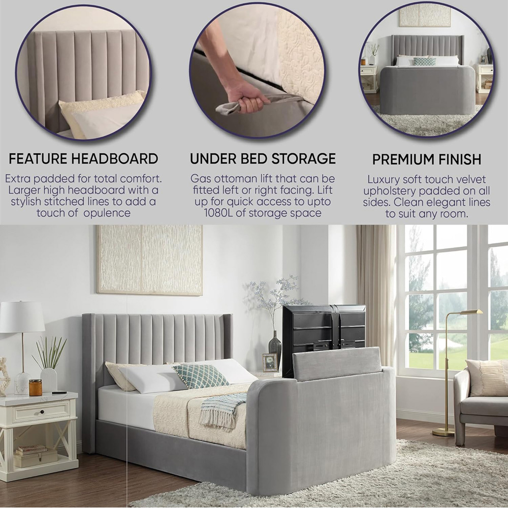 Home Treats King Size Velvet Ottoman TV Bed with Mattress Image 6