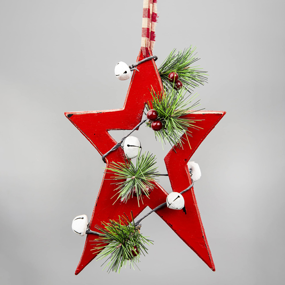 Shatchi Red Star Wooden Hanging Christmas Decoration 26cm Image 2