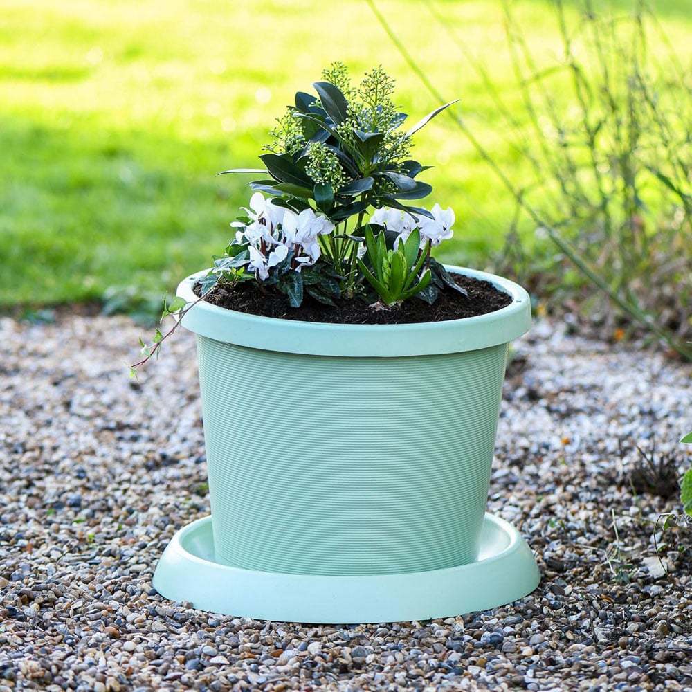 Garden Gear Pistachio Green Plastic Plant Pot with Saucer 42cm 2 Pack Image 2