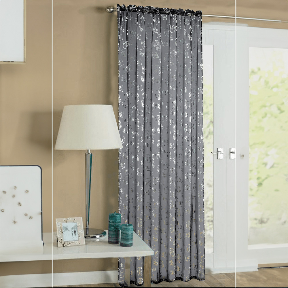 Velosso Geneva Black Foil Flower Voile Panel Curtain 150 x 137cm Image 1