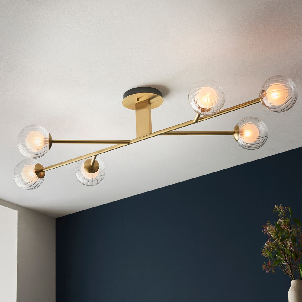 Merano Rome 6 Light Glass Satin Brass Plate Semi Flush Ceiling Light Image 6