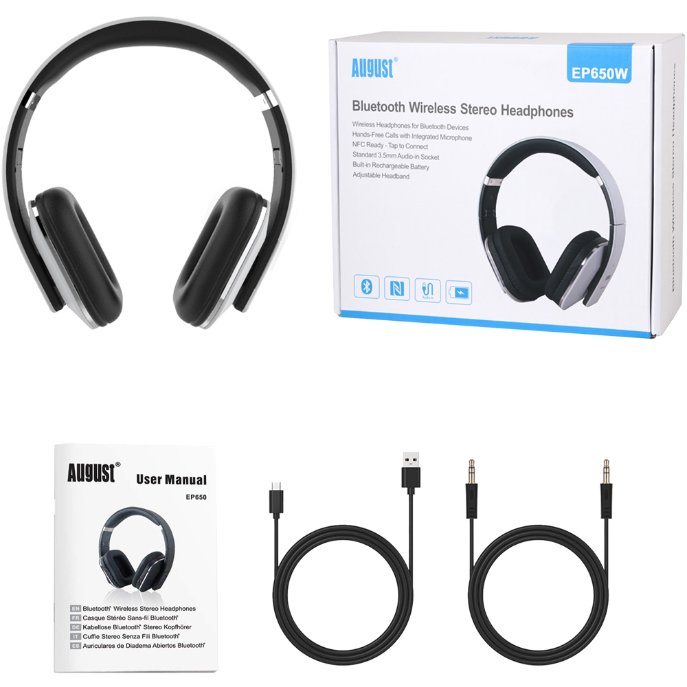 August EP650W White Wireless Low Latency NFC Bluetooth Headphones with Mic Image 6