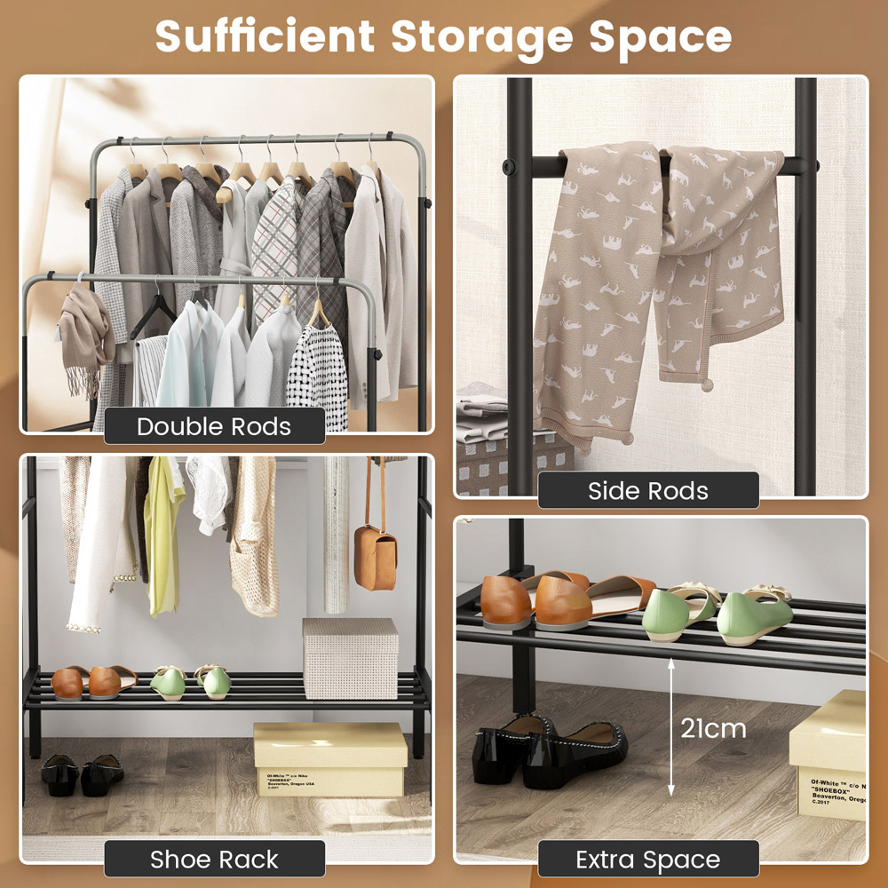 Costway Single Shelf Silver Metal Clothes Stand Rack with 2 Rods Image 7