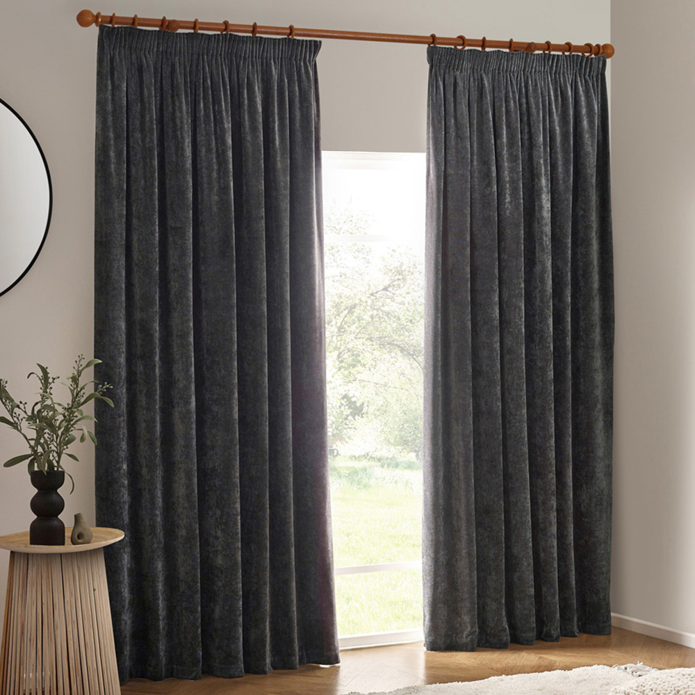 Yard Heavy Charcoal Chenille Blackout Pencil Pleat Curtains 117 x 183cm Image 1