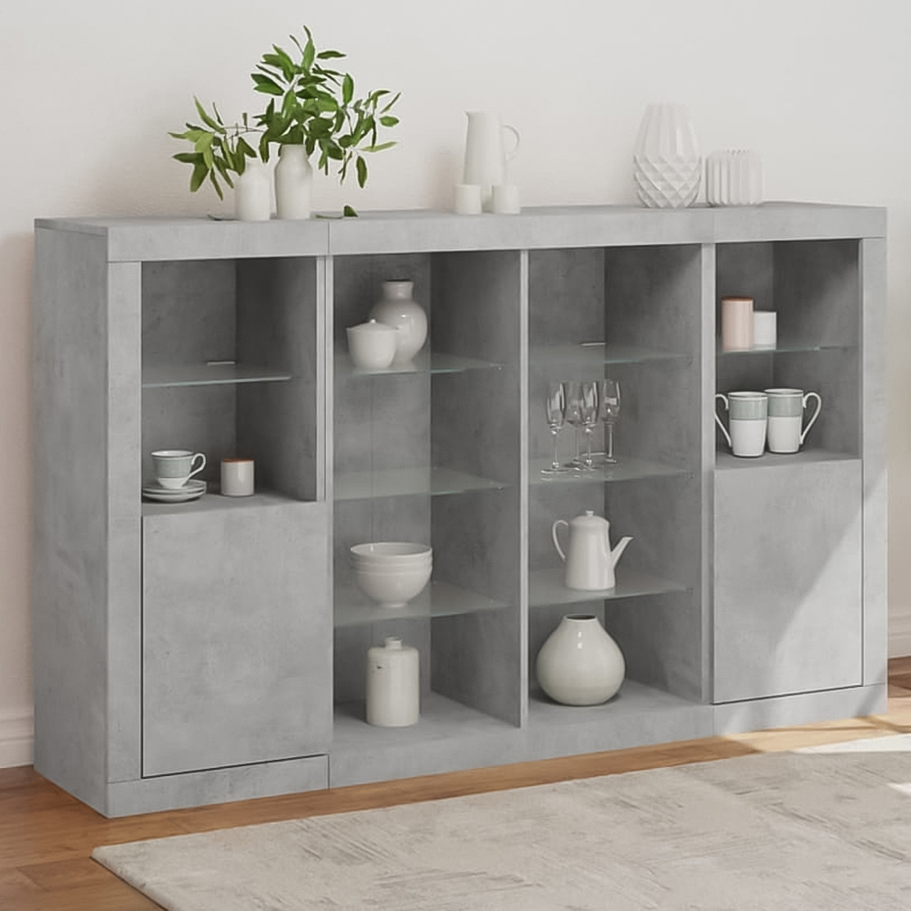 vidaXL 2 Door 12 Shelf Concrete Grey Wooden Sideboard with LED Lights 3 Piece Image 1