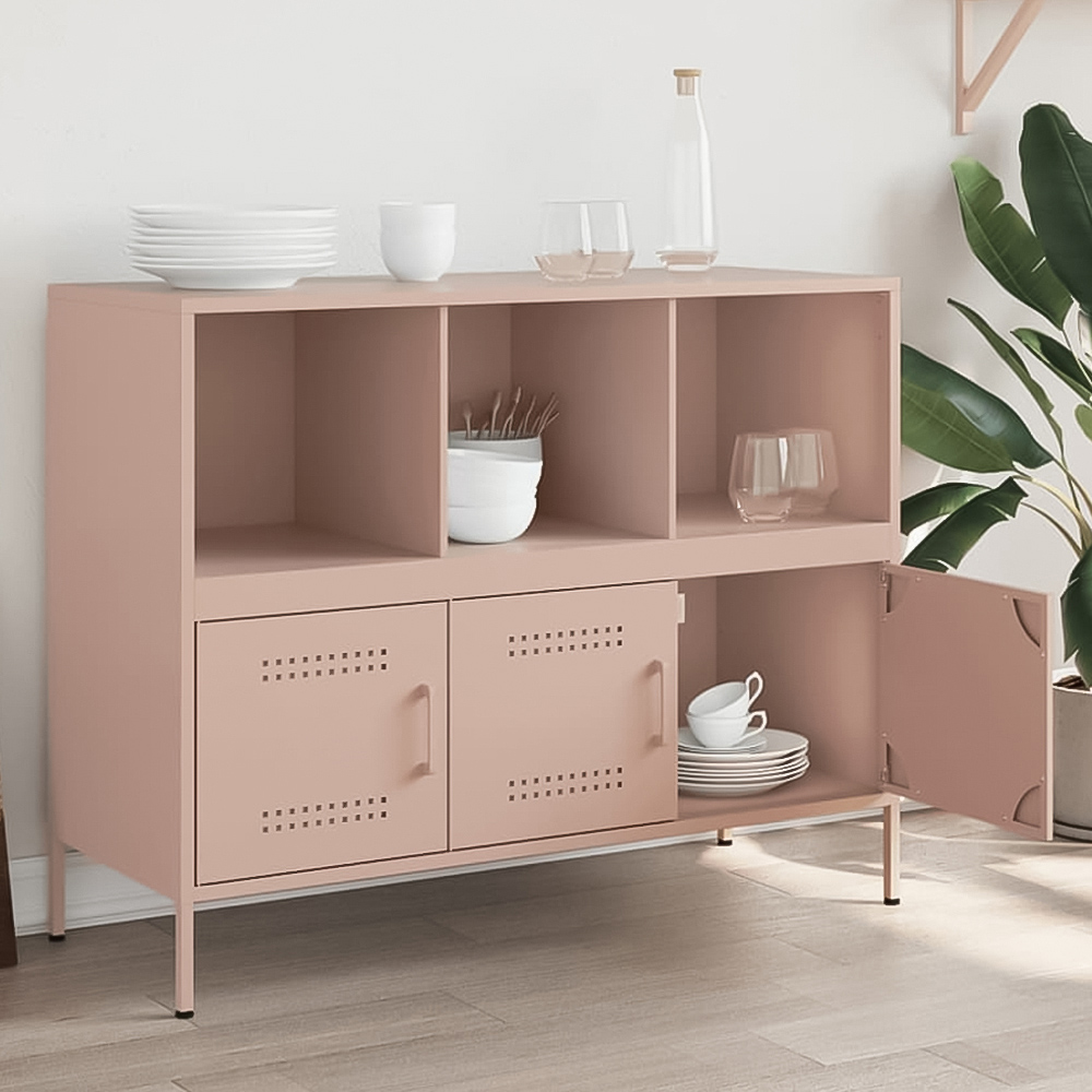 vidaXL 3 Door 3 Shelf Pink Metal Sideboard Image 1