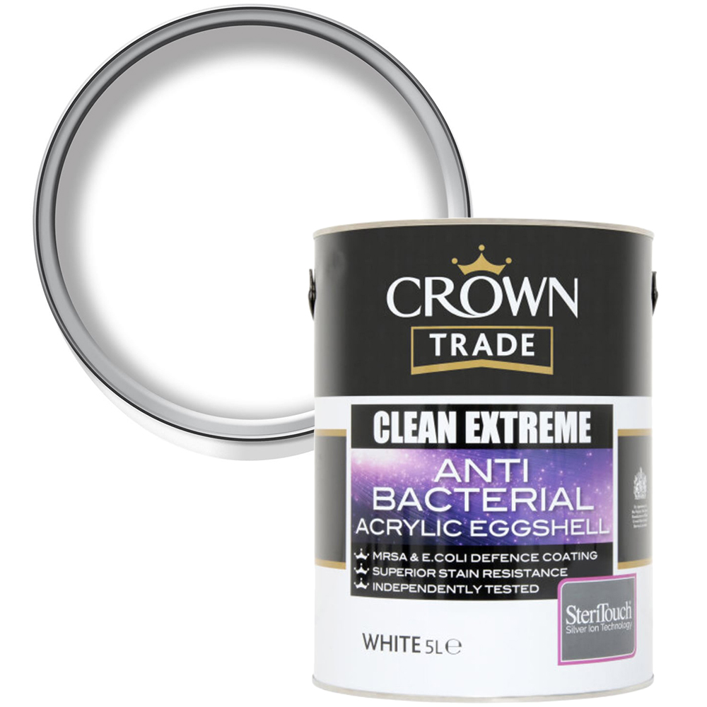Crown Trade Clean Extreme White Anti Bacterial Acrylic Eggshell Paint 5L Image 1