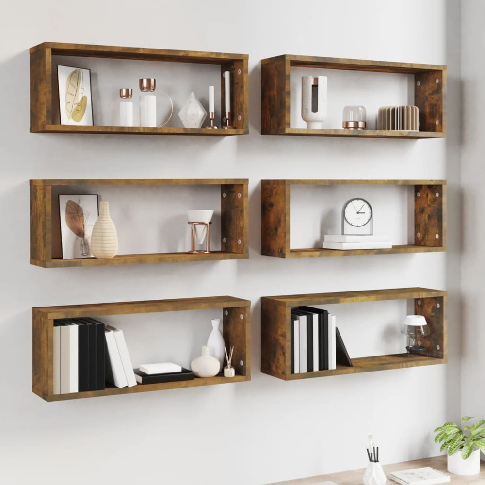 vidaXL 60 x 15 x 23cm Set of 6 Smoked Oak Cube Wall Shelf Image 2