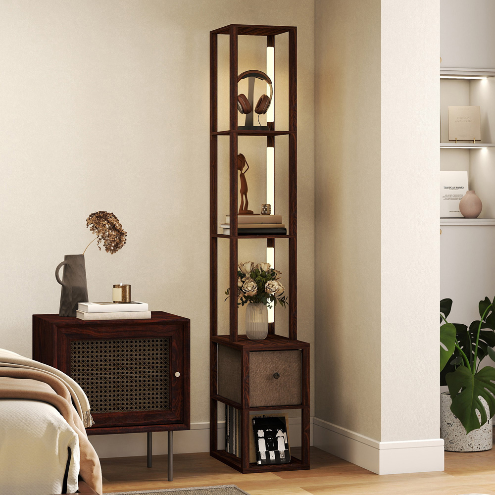 HOMCOM Single Drawer 4 Shelf Brown LED Floor Lamp Image 3