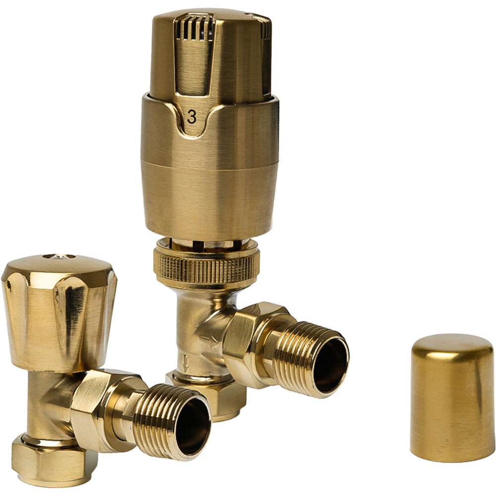 Go Bathrooms Gold Angled Thermostatic Radiator Valve 15mm 2 Pack Image 1