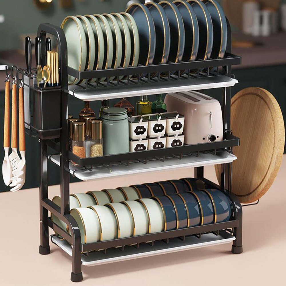 Living and Home 3 Tier Black Kitchen Dish Drying Rack with Drip Tray and Cutlery Holder Image 7