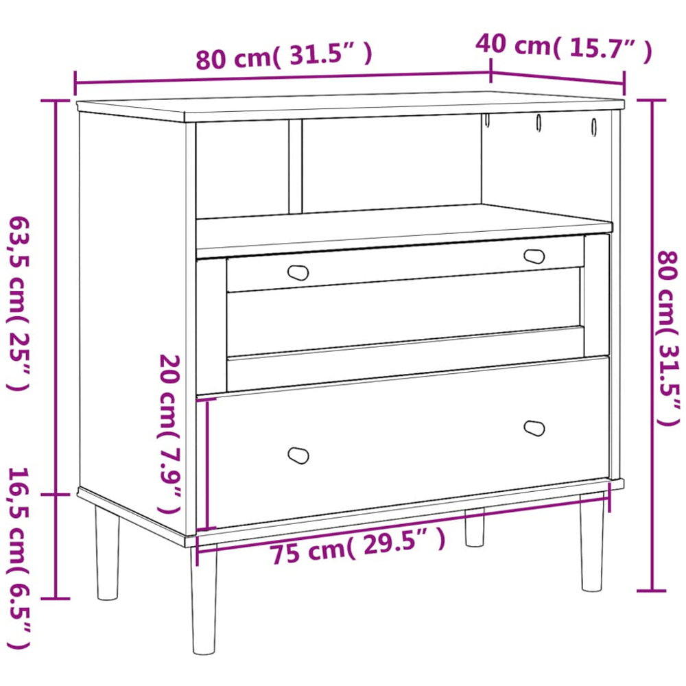 vidaXL Senja 2 Drawer Single Shelf White Solid Pine Wood Rattan Look Sideboard Image 9