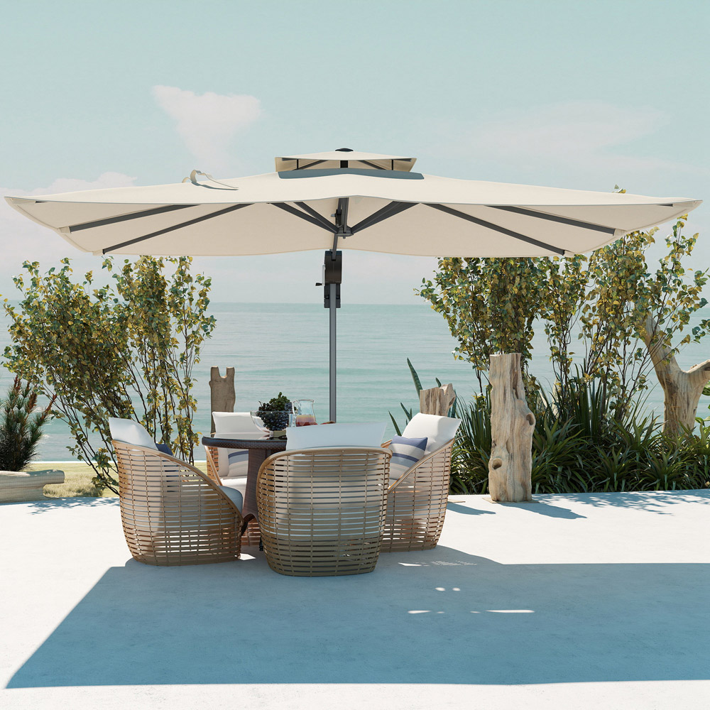 Outsunny 2 Tier Cream and Grey Wood Effect Rotating Cantilever Parasol 3.7m Image 2