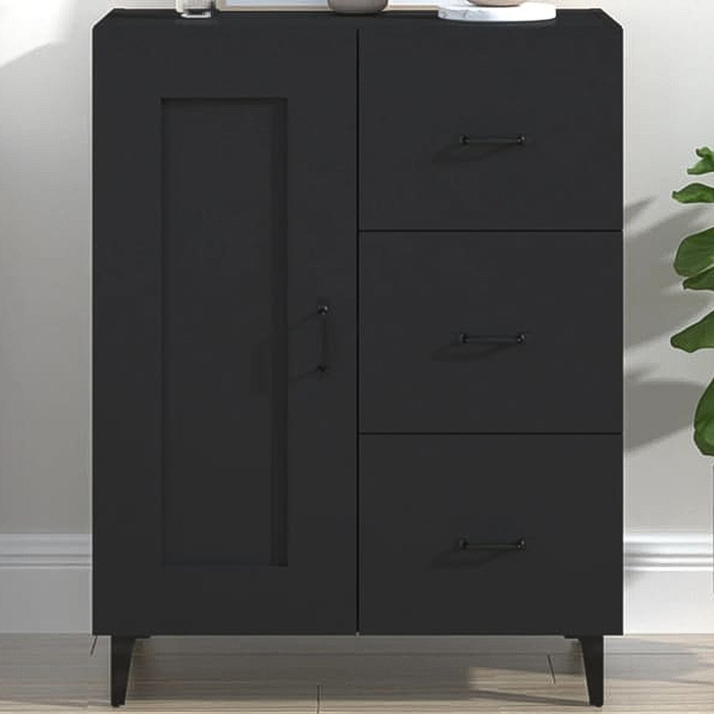 vidaXL Single Door 3 Drawer Black Wooden Sideboard Image 1
