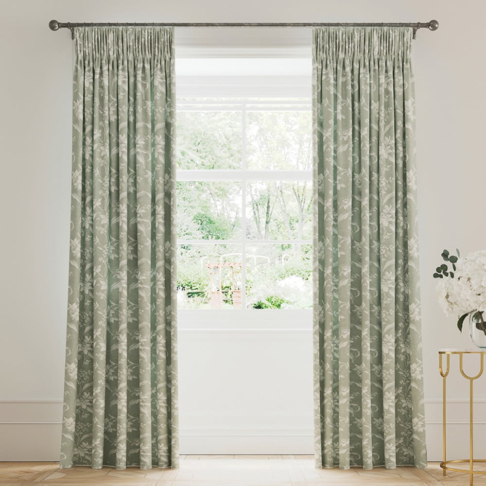 V&A Daffodil Dreams Green Lined Blackout Pencil Pleat Curtains 229 x 229cm Image 1